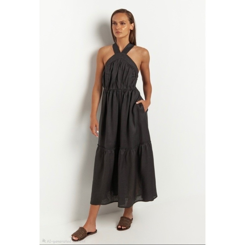 Greek Archaic Kori M Grey Linen Halter Midi Dress Open Back Tiered Boho Summer